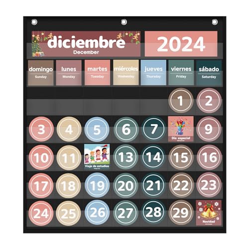 Boczif Monthly Classroom Calendar Pocket Chart Spanish Black for Education