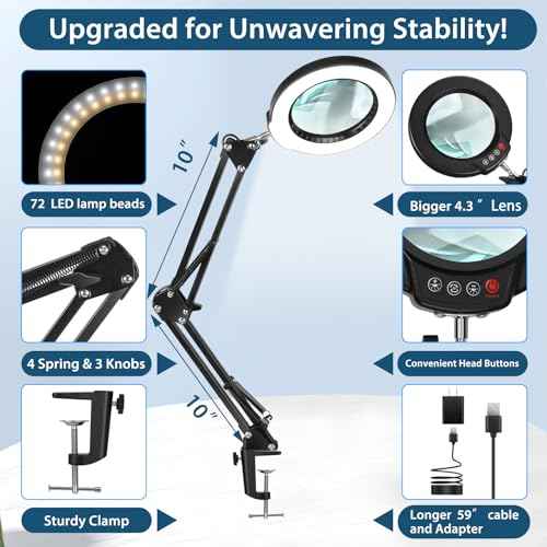 10X Magnifying Glass with Light and Clamp, 5 Color Modes Stepless Dimmable Real Glass Lighted Magnifier, Hands Free LED Magnifying Desk Lamp for Painting Craft Close Work Reading Repairing