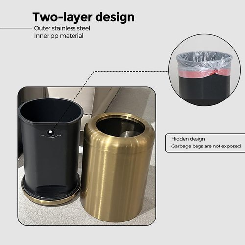 LEASYLIFE 10 L/2.6 Gallon Brass Trash Can, Small Gold Can for Bathroom, Kitchen, Office, Bedroom, Hotel