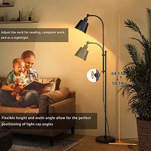 Floor Lamp, Industrial Floor Lamps for Living Rooms & Bedrooms - Rustic Farmhouse Reading Lamp Standing, Adjustable Metal Heads Indoor Task Lighting for Living Room Office Home D?cor (Rustic Black)
