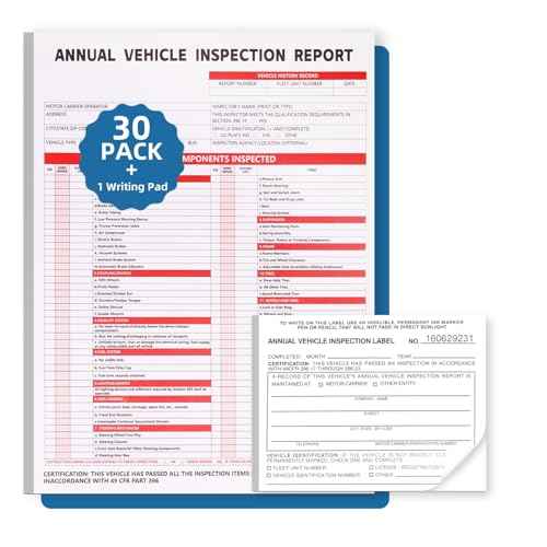 30-Pack Annual Vehicle Inspection Report Form, 3-Ply Carbonless Form and Hardboard, Includes 30-Pk 2-Ply FMCSA Vinyl Adhesive Label for Annual Inspections, DOT Compliant