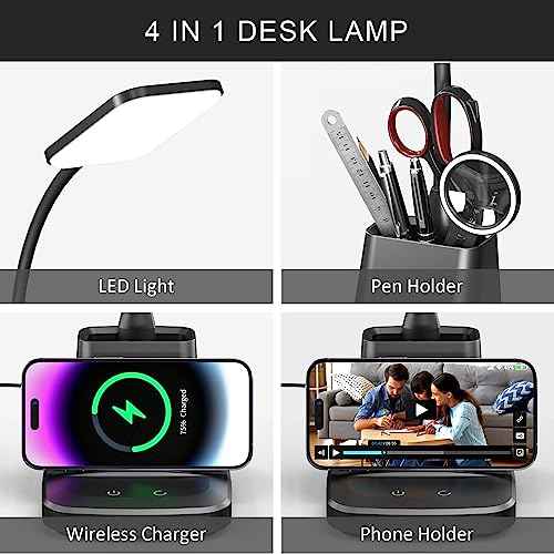 Desk Lamp for Home Office, LED Desk Lamp with Wireless Charger Pen Holder, Dimmable Desk Light with 3 Color Modes, Black Office Lamp for Dorm