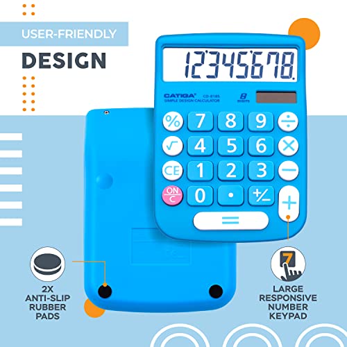 CATIGA Blue 8-Digit Desktop Calculator with Solar Power & LCD Display, Large Buttons, for Home Office School & Business, Model CD-8185
