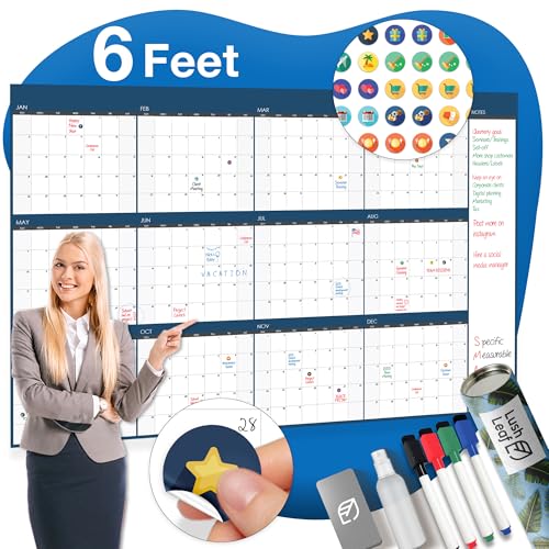 Large Dry Erase Calendar for Wall, 48" x 74" - Undated, Yearly, Reusable - Full 12 Month Year - Includes Markers, Eraser & Accessories