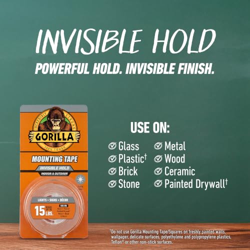 Gorilla Invisible Hold Mounting Tape 1" x 60" Clear, Holds Up to 15 lbs, Indoor & Outdoor Use