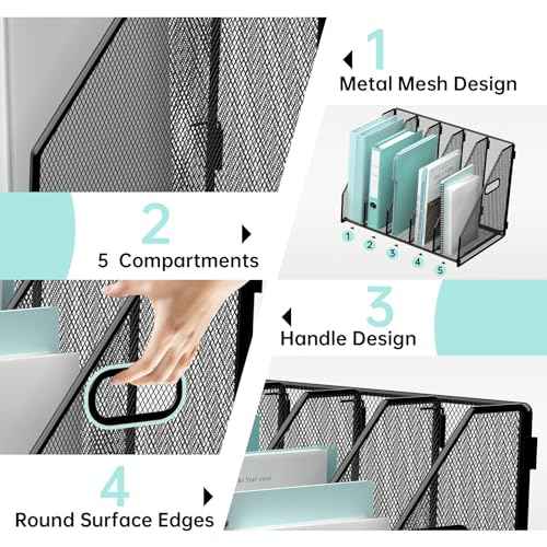 2 Pack Desktop File Magazine Folder Holder 5 Vertical Compartments, Desk Organizer Vertical Magazine Folder Organize with Side Handles, for Office Home School, Black