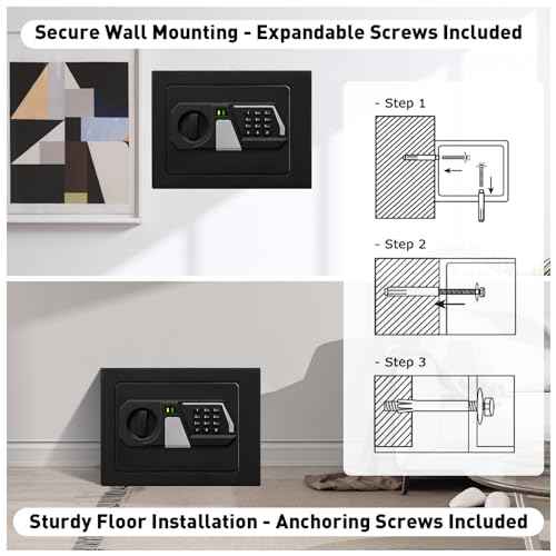 TOTOY Small Personal Safe Box 0.5 Cu Ft- Electronic Digital Security Safe Steel Construction Hidden with Key Lock, Wall or Cabinet Safety Box for Home Office Hotel Business Jewelry Gun Cash Money