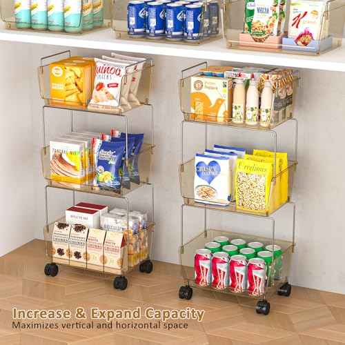 FOLLOWIN 3-Tier Rolling Utility Cart,Plastic Storage Cart with Wheels,Movable Storage Cart Organizer for Living Room,Kitchen,Bathroom,Pantry,Nursery,Amber