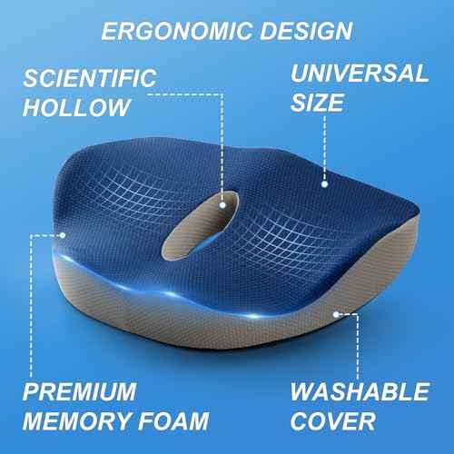 Memory Foam Seat Cushion Butt Support Pillow Office Chair Car Seat Cushion Coccyx Cushion Orthopedic Pillow Removable Cover for Tailbone and Coccyx Pain Relief (Blue, Grey)