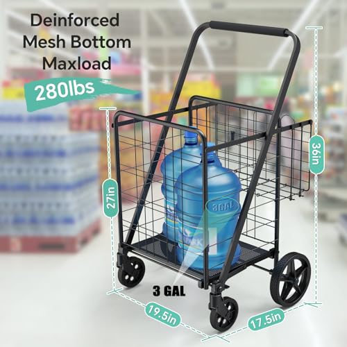 Shopping Carts for Groceries, Encrypted Bottom Grocery Cart with Waterproof Liner, Lightweight Folding Utility Cart with Rolling Swivel Wheels & Double Basket, Ideal Gift for Elderly, Women, Parents