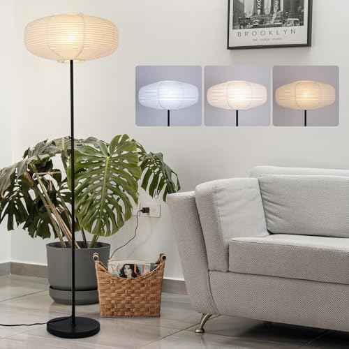Paper Floor Lamp, Rice Paper Floor Lamp for Living Room, Paper Lantern Lamp with Washi Paper Shade, Ideal for Bedroom, Office, Reading Room Black Pole Light with Bulb