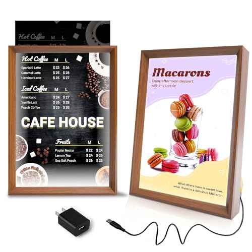 A4 Size LED Acrylic Sign Holder with Walnut Wood Base Frame, Light Up Menu Board Stand, Backlit Poster Display Light Box for Restaurants, Bars, Offices