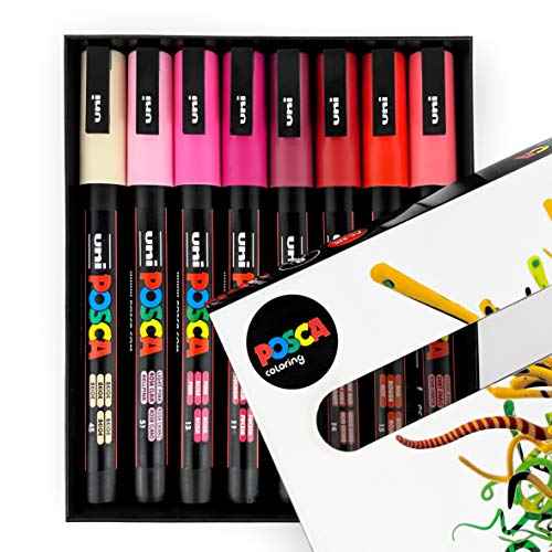 Posca Paint Marker Set of 8 Pink and Red Tones; 3M Fine Markers with Reversible Tips Marker Set of Acrylic Paint Pens Pens for Art Supplies; Fabric Paint; Fabric Markers