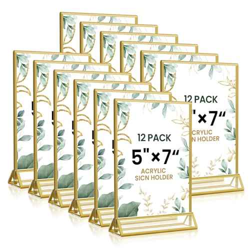 5x7 Gold Acrylic Sign Holder, 12 Pack Wedding Table Number Stands With Vertical Gold Borders, Double Sided Picture Frame Paper Stand, Clear Photo Display Menu for Party, Home, Restaurant