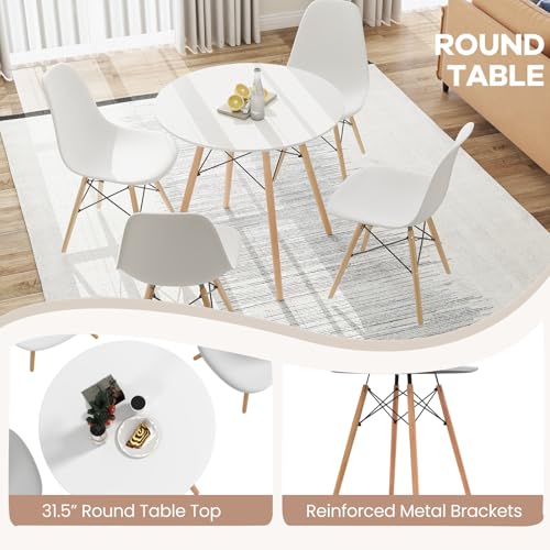 NAFORT 31.5'' Round Dining Table Set for 4 - 5-Piece Kitchen & Dining Room (White Table + 4 Beech Chairs)