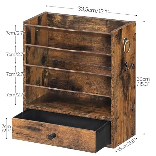 HOOBRO Wall File Organizer, Mail Organizer Wall Mounted, Wooden Literature Organizer, Construction Paper Organizer with Drawer Storage and 2 Hooks, for Office, Classroom, Home, Rustic Brown FG14WF01
