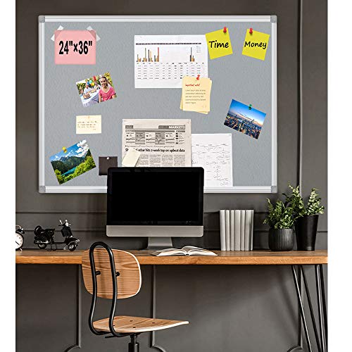 BIBOC Grey Fabric Bulletin Board, 36 x 24 inch, Wall Mounted Fabric Notice Board Cork Bulletin Board, Felt Board, Pin Board, Memo Board Sliver Aluminum Framed for Homes or Offices School