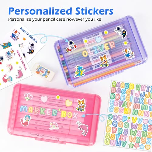 Pink Double Layer Clear Plastic Pencil Case with Stickers - YILANCOL
