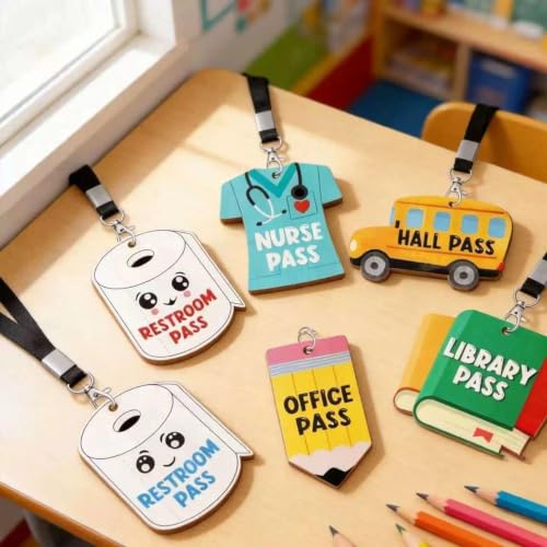 Wooden Classroom Hall Pass Lanyard 3.9x2.6 Inch for School Management