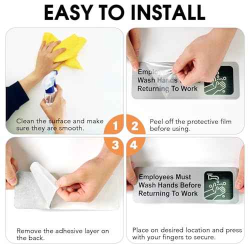 Faittoo Employees Must Wash Hands Before Returning to Work Sign, (4 Pack) Rust Free Brushed Aluminum Sign with Symbols, Self-adhesive, for Restaurant, Salons, Hotel, Rest Stops, Public Restrooms