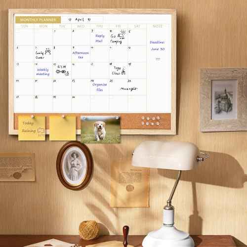 ARCOBIS Calendar Whiteboard with Cork Board, 24"x18" Wood Frame Dry Erase Calendar for Wall, Magnetic Monthly Combination Board for Home, Office, School, Kitchen, Beige