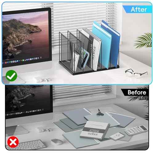 File Organizer for Desk, 5-Section Vertical File Sorter, Paper Holder Organizer Standing Metal File Folder for Office Home Classroom, Black