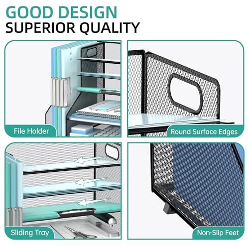 SUPEASY Desk Organizer with File Holder, 5-Tier Mesh Paper Letter Tray with Magazine Holder, Desktop Organizer and Storage for Desk Accessories Office Supplies, Black
