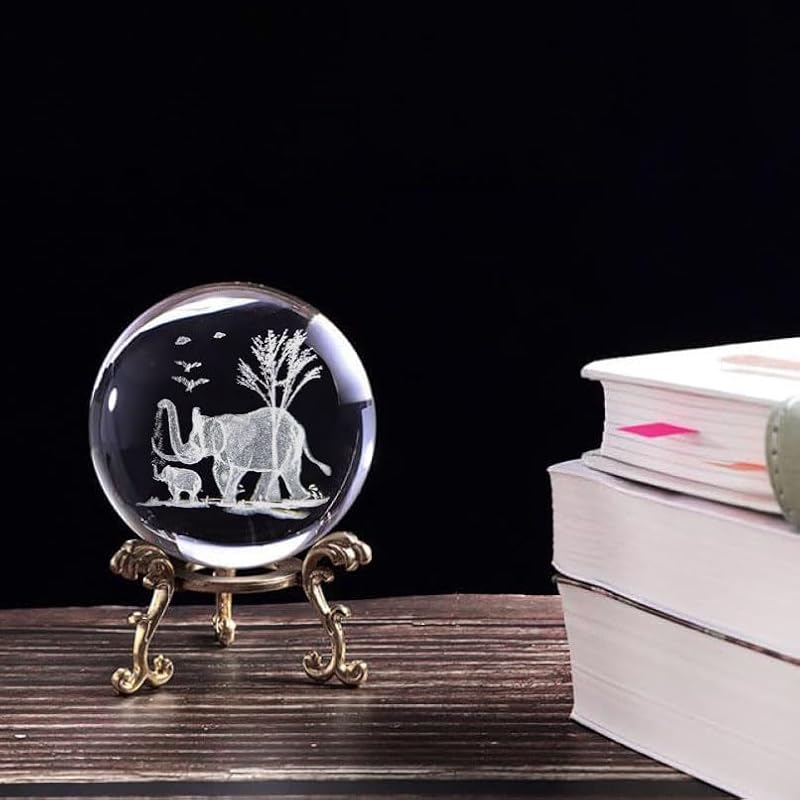 VSKIKRIS 60mm 3D Elephant Crystal Ball Paperweight with Stand - Elephant Gifts, Listing: Elephant_006