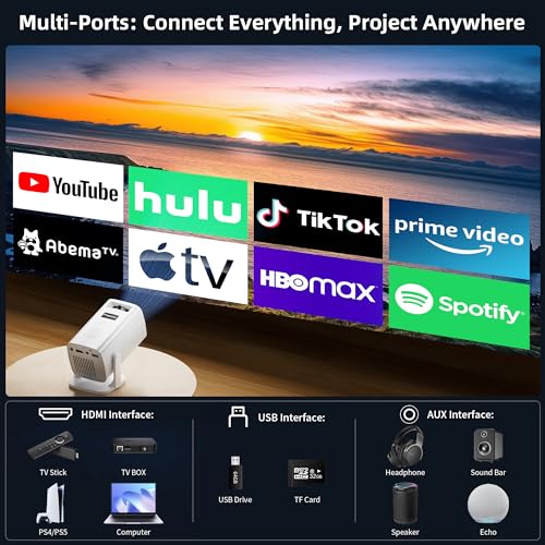 Mini Projector, Portable Projector 4K Support, Full HD 1080P Outdoor Projector, 270¡Æ Rotation Movie Projector, Compatible with Smartphone, TV Stick, Laptop, PS4, HDMI, USB (No WiFi or Bluetooth)
