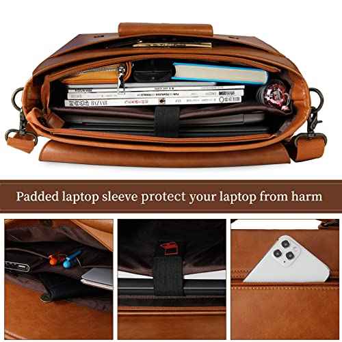 Leather Messenger Bag for Men 15.6 Inch Waterproof Vintage Leather Laptop Briefcase Large Satchel Shoulder Bag Office Travel College Computer Laptop Bag, Brown