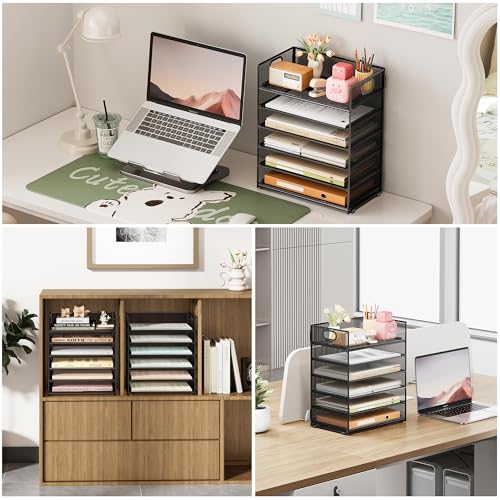 SUBEKYU Black 6-Tier Paper Organizer with Handle - Desk Storage & File Tray