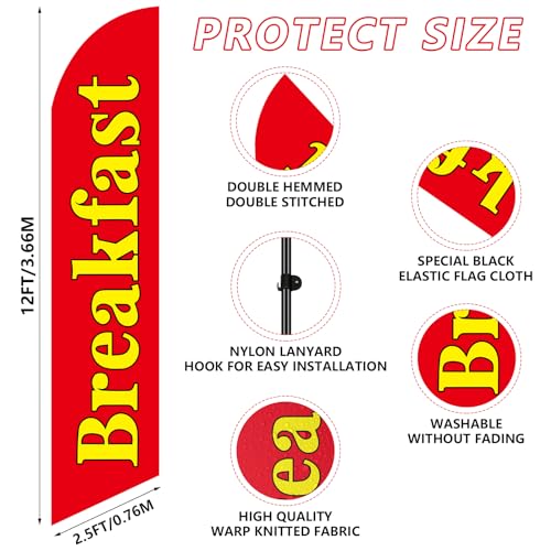 Blulu Shop Advertising Feather Banner Sign with Completed 15 Feet Tall Advertising Flag Banner with Fiberglass Pole Kit and Rotating Ground Spike for Outdoor Decoration(Breakfast)