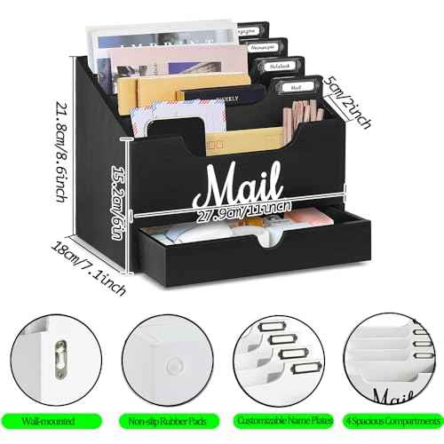 Wood Desktop Mail Organizer, Mail Organizer Countertop with 4 Compartments and Drawer, Wood Mail Holder Sorter Organizer Holder for File Letter Paper Folder, Black Wooden Desk Organizer