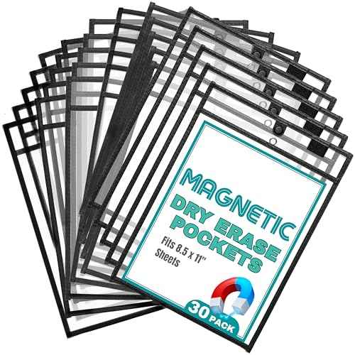 Magnetic Dry Erase Pockets by Two Point (30-Pack) - Portrait - Black Dry Erase Pocket Sleeves, Job Shop Ticket Holders, Clear Paper Sleeves Protector, Magnetic Pouch