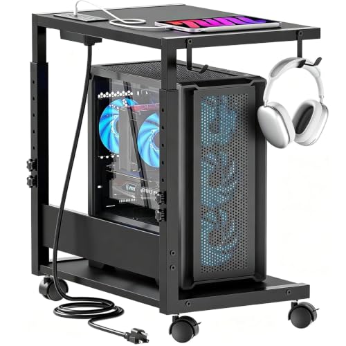 Smoproper Height-Adjustable Computer Tower Stand with Power Outlets (Black) – 2 Outlets, USB & Type-C