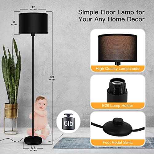 Floor Lamps for Living Room, Modern Standing Lamp, Black Lamp Shades, Foot Switch, Simple Pole Lamps Corner Lamp for Bedroom,Office, Living Room, Den, Bright Reading Floor Lamp(Without Bulb)