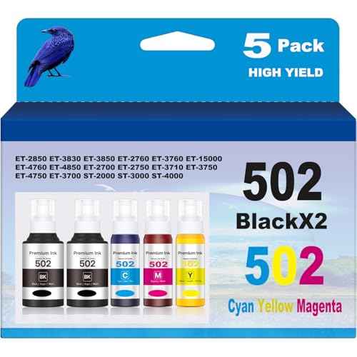 502 Ink Refill Compatible Use for EcoTank ET-2850 ET-3830 ET-3850 ET-2760 ET-3760 ET-15000 Printer 5 Bottles