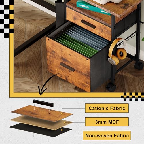 File Cabinet Printer Stand, Fabric Mobile Filing Cabinet with 2 Storage Drawers, for Hanging A4, Letter Size File Folders, Open Shelf with Storage Bag and Hooks Home Office, Rustic Brown