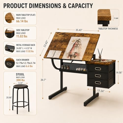 Adjustable Drawing Table with 3 Fabric Drawers & Stool - Black
