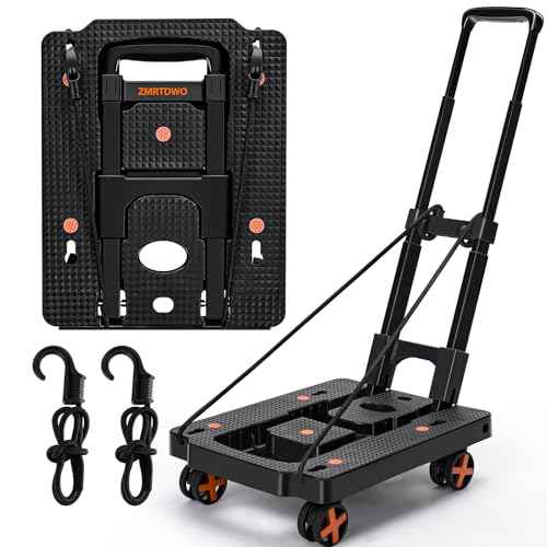 Folding Hand Truck, Dolly Cart with 4 Wheels & 2 Elastic Ropes, Adjustable Handle Foldable Dolly, Lightweight Portable Hand Cart for Luggage, Travel, Shopping, Moving, Airport, Office