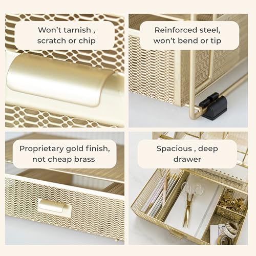 Gold Desk Organizer with Drawer - Metal Mesh File Holder & Vertical Storage