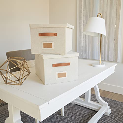 Ivory Linen File Organizer Box Set of 2 - Collapsible Desk & Office Storage
