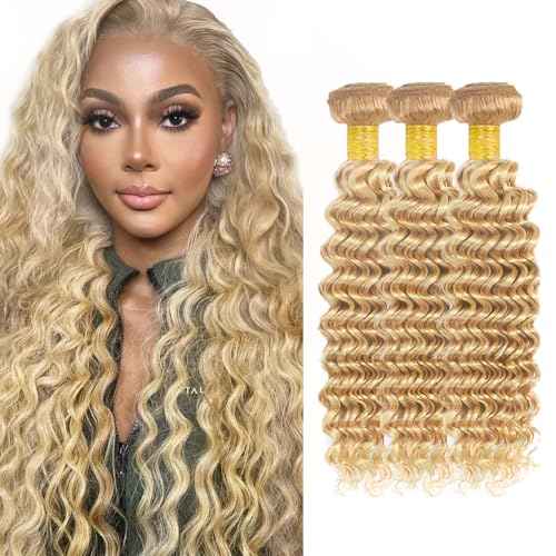 22 24 26 Inch P27/613 Highlight Blonde Bundles Human Hair Deep Wave Bundles Honey Blonde Deep Wave Bundle Unprocessed Brazilian Virgin Weave Hair 3 Bundle 50 Gram Per Bundle
