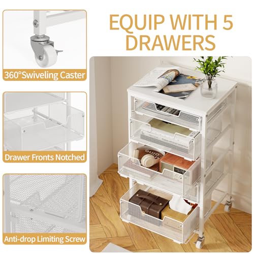 Utility Cart with 5 Drawers, Rolling Storage Cart with Wooden Tabletop and Lockable Wheels, Storage Drawer Cart Craft Cart for Bedroom, Classroom, Home, Office, White
