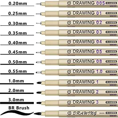 Muchcute Micro Fineliner Drawing Art Pens: 12 Black Fine Line Waterproof Ink Set Artist Supplies Archival Inking Markers Liner Sketch Outline Anime Gifts Manga Sketching Watercolor Zentangle Kit Stuff