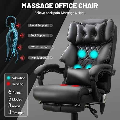 Massage Office Chair with Foot Rest,6 Points Vibration & Heat Executive Office Chairs,Big and Tall Leather Office Chair 500LBS,Ergonomic Desk Chair for Heavy People,Recliner with Dual-Use Pillow,Black