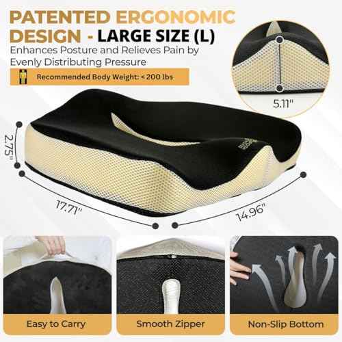 Patented 55D Memory Foam Seat Cushions for Office Chairs, Car Seat Cushion, Gaming Chair- Office Desk Accessories for Tailbone, Sciatica Pain Relief, Hemorrhoid- Travel Pillow for Long Sitting Comfort