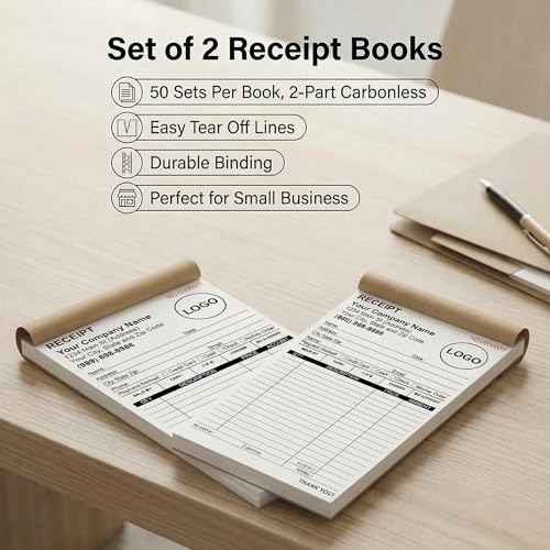 Custom Receipt Book with Carbonless Copies – 2-Part Invoice Book, 5.5 x 8.5, Sequential 001-100, Logo Personalization