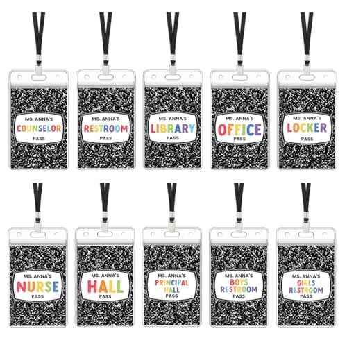 Andaz Press 20 Personalized Teacher Hall Pass Set with 10 Card Holder Lanyards, Composition Notebook Hallway Passes, Cardstock Hall Passes for Classrooms, Custom Teacher Name School Pass, 3.5x2 Inch