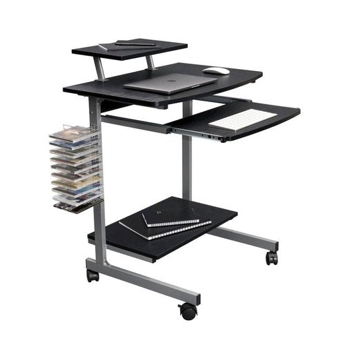 Furnifact Brown Mobile Desk with Adjustable Shelf, Keyboard Tray, Side Media Rack and Locking Casters, Compact Portable Work Station for Small Spaces